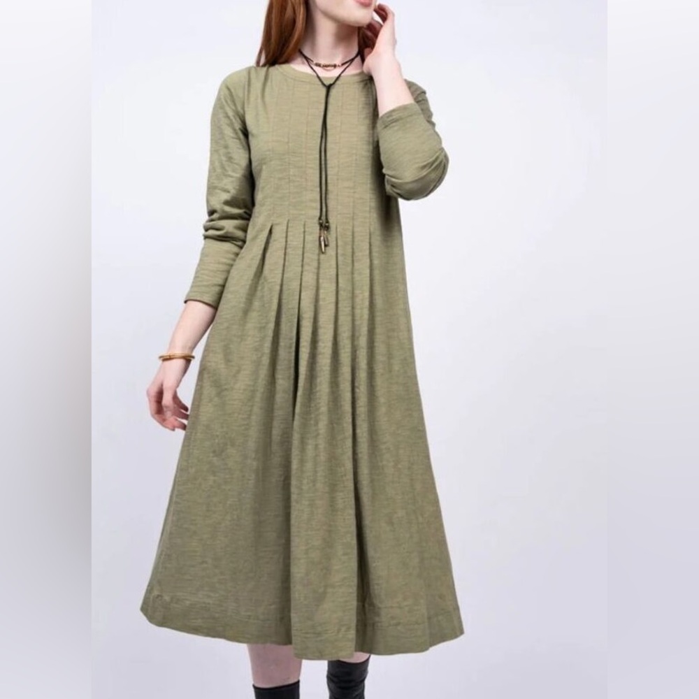 Ivy Jane NWT Uncle Frank Olive Green Tucked Front Pleated Swing Dress Size Small